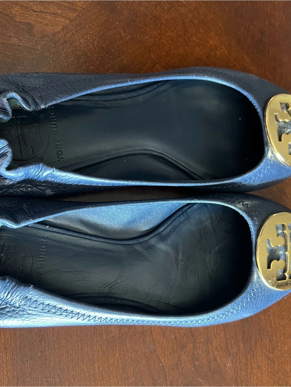 Tory Burch Navy Leather Ballet Flats with Gold Logo Medallion